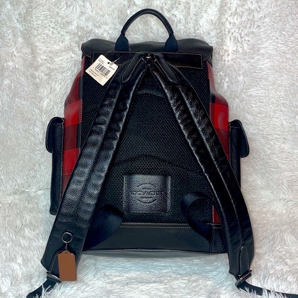 New Coach Unisex Hudson XL Drawstring Backpack in Red Black Buffalo Plaid Print - Picture 13 of 17